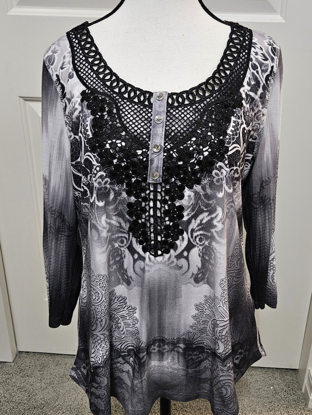 Women’s Black & Gray Crochet Accent Scoop Neck Top